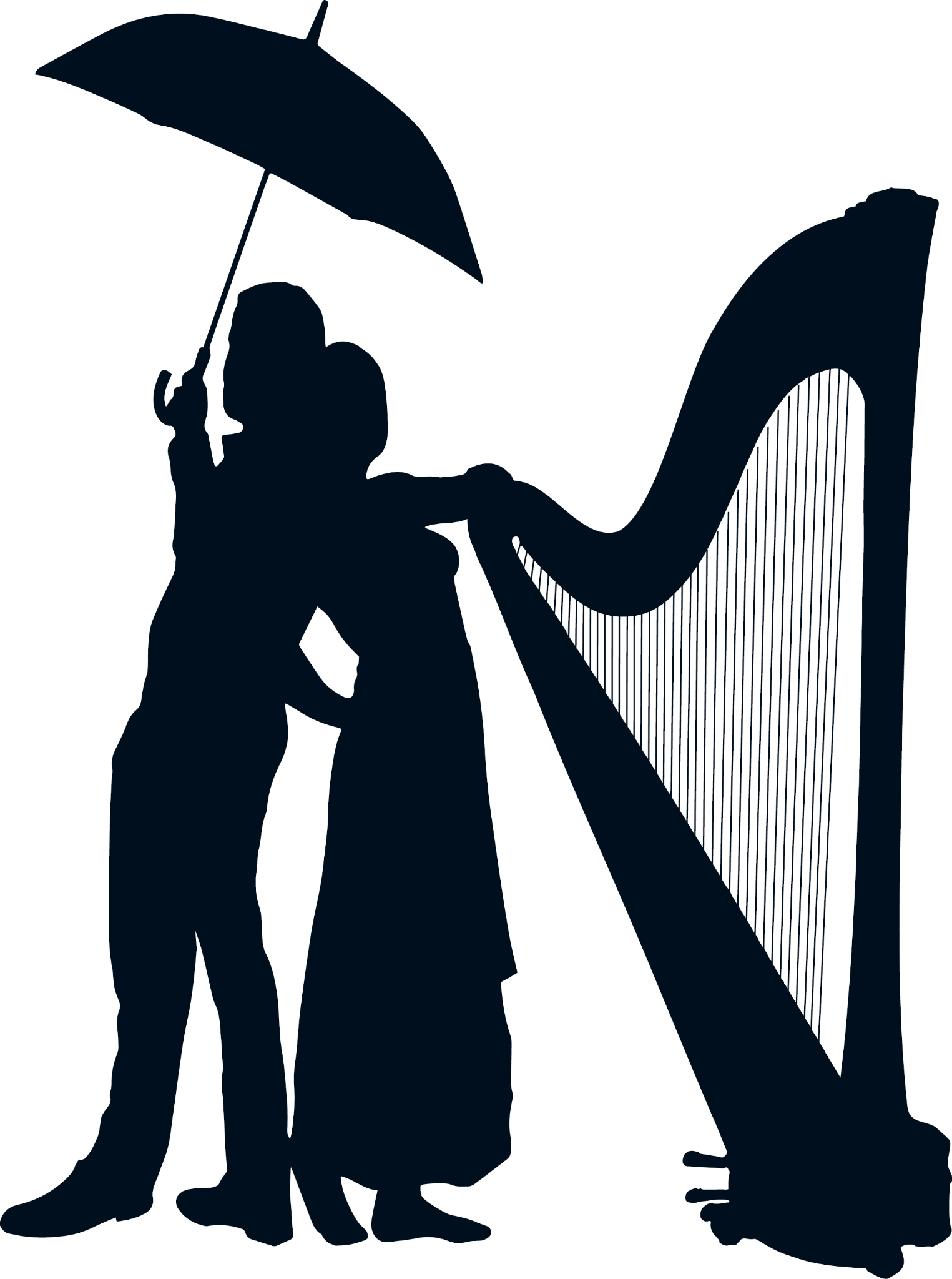Silhouette de la Compagnie OFAM autour de la harpe sous un parapluie